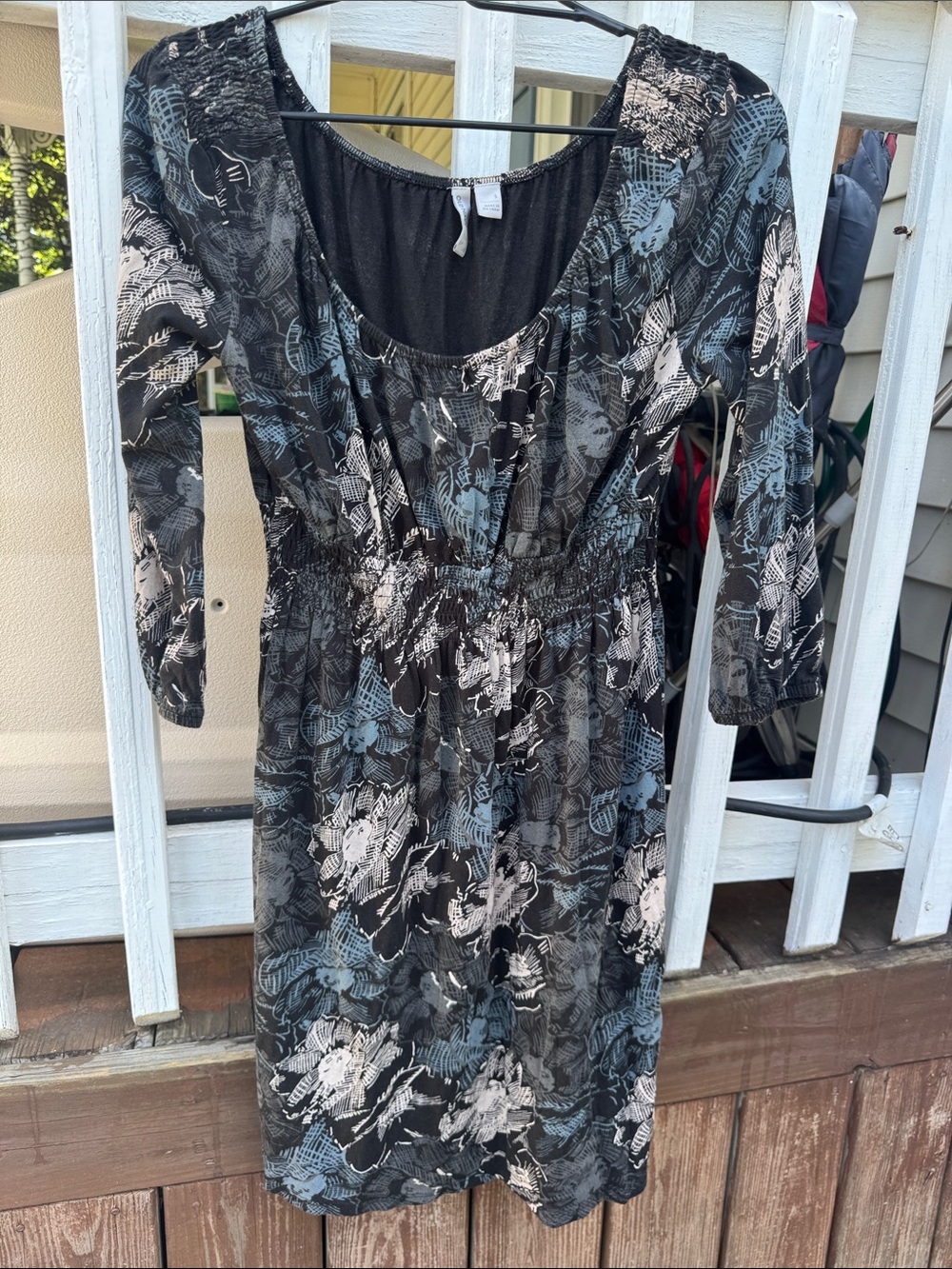 Old Navy Black Scoop Neck Long Sleeve Dress with Gray and Blue Floral Print